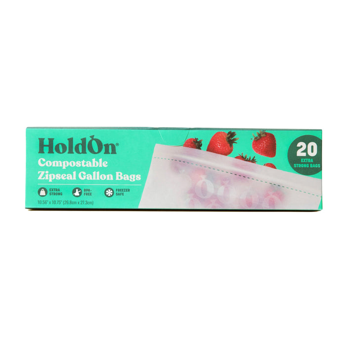 A box of HoldOn Bags Compostable Gallon Bags – Freezer Safe, showing a partially open bag with strawberries. The package highlights 20 extra strong, BPA-free gallon bags measuring 10.56 x 10.75 inches.