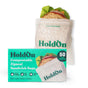 A green and white box labeled HoldOn Bags Compostable Sandwich Bags - Freezer Safe, containing 50 extra strong, BPA-free, food-safe bags. One bag holds a sandwich with lettuce and tomato. Product dimensions are shown on the box.