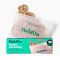 A partially opened HoldOn Bags Compostable Snack Bag – Freezer Safe, filled with pretzels, rests atop its turquoise and white box featuring the product name and an image of these BPA-free snack bags holding pretzels.