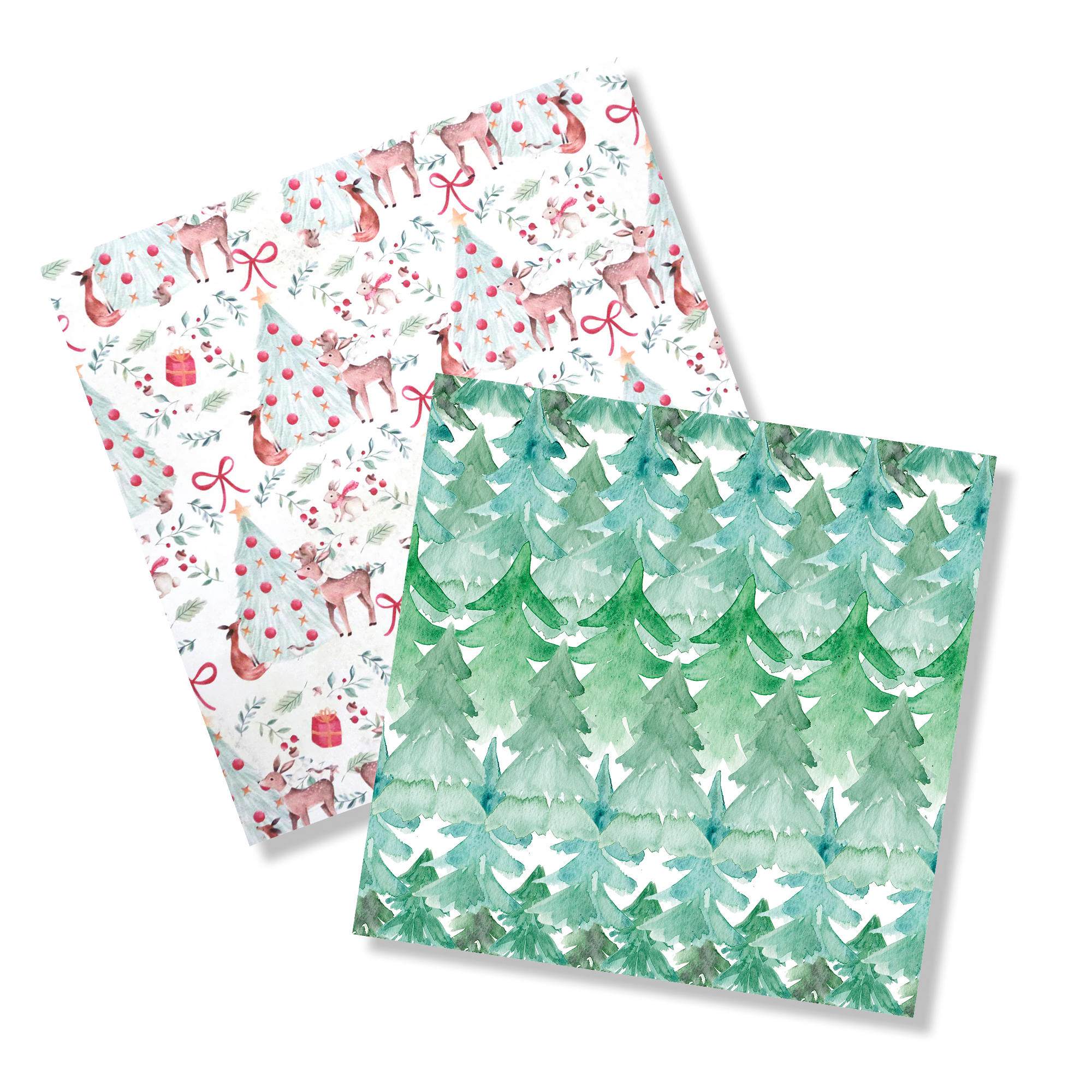 Two square sheets of patterned paper overlap. One has watercolor evergreen trees in shades of green; the other features Christmas hats, candy canes, and foxes on a white background with scattered festive decorations.