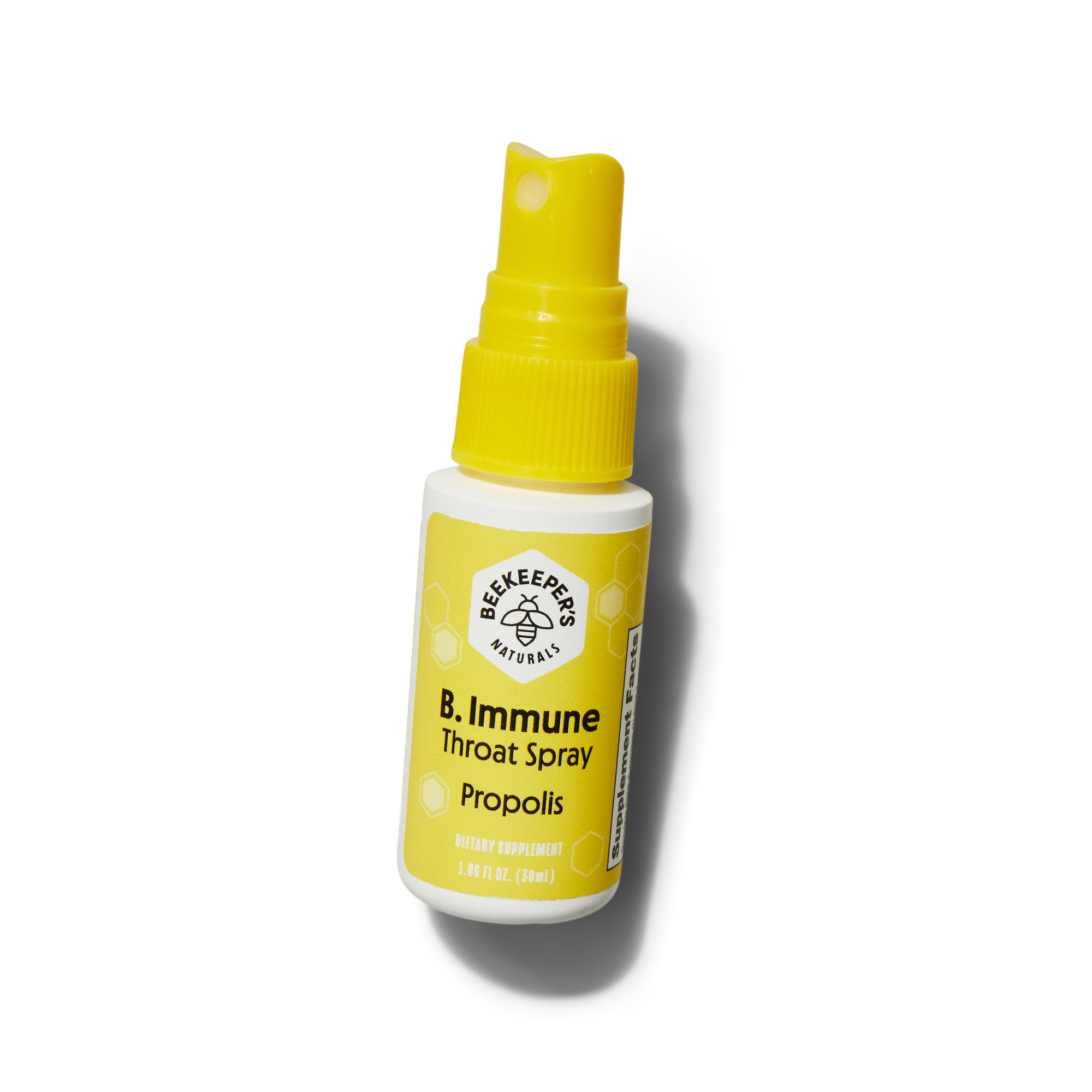 A yellow spray bottle labeled B. Immune Throat Spray propolis from Beekeepers Naturals, containing 1.06 fl oz (30mL), displayed on a white background.