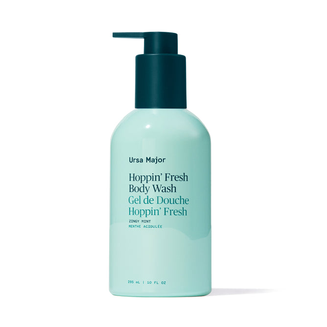 Ursa Major Hoppin’ Fresh Body Wash comes in a light teal 295 ml bottle with a dark teal pump. This sulfate-free body wash features zesty mint, eucalyptus, and peppermint for an invigorating shower experience.