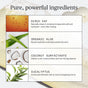 A graphic shows birch sap, organic aloe, coconut surfactants, and eucalyptus—each with photos and hydrating, cleansing, and refreshing skin benefits—featured in Ursa Major’s Hoppin' Fresh Body Wash, which is sulfate-free.