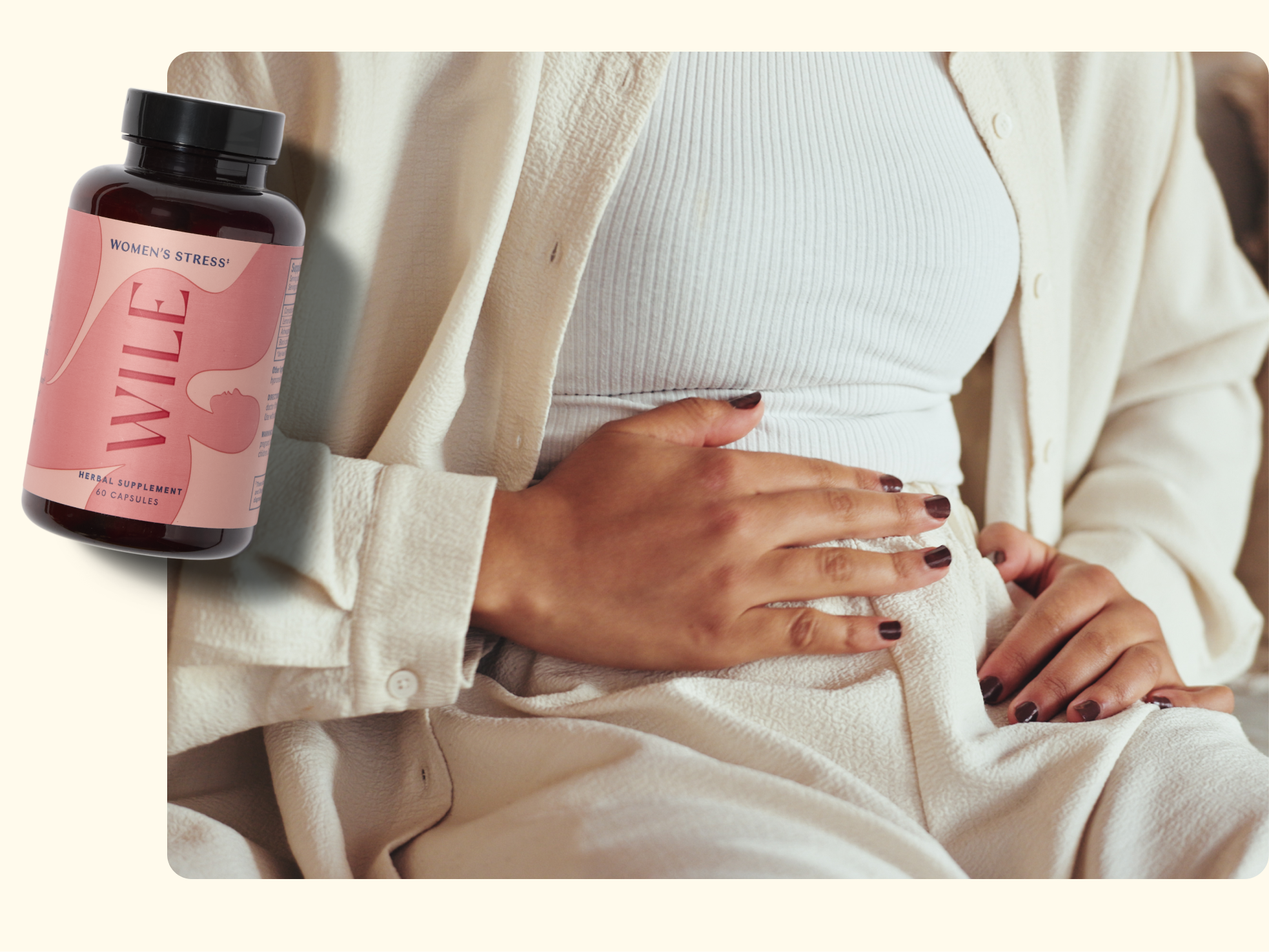 A bottle of Wile Womens Stress herbal supplement capsules beside a woman in cream clothing holding her abdomen with both hands.