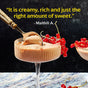 A spoon lifts creamy chocolate mousse from a glass dessert dish, topped with red currants and sweetened with Diaspora Spice Co. Hot Cocoa Drink Mix. A quote above reads, It is creamy, rich and just the right amount of sweet. – Maithili A.
