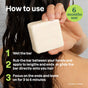 A person with wet hair holds an ATTITUDE super leaves Conditioner Nourishing Bar, showing instructions: wet bar, rub between hands or on hair, apply to lengths and ends, leave 3–5 min. Lasts 6 months with 2 uses per week.