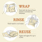 Bee's Wrap Reusable Beeswax Food Wraps – Assorted 3 Pack: simply wrap food, seal with hands, rinse in cool water to clean, and reuse for up to a year. Includes easy illustrations for each sustainable step.