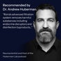 Black and white portrait of a bearded man with text recommending the Rorra Countertop System by Rorra, attributed to Dr. Andrew Huberman, a neuroscientist and podcast host, on a dark blue background.