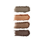 Four horizontal swatches of RMS Beauty's ReDimension Hydra Eyes Quartet—clean, long-wearing eyeshadow—are smeared on a white background, displaying rich brown and beige shades with smooth texture.