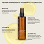 A brown bottle of Ember Wellness Hydrating Body Oil sits on a light background, highlighted by text describing its skin-nourishing blend of shea oil, argan oil, jojoba oil, and vitamin E, and its use as a relaxing sandalwood massage oil.