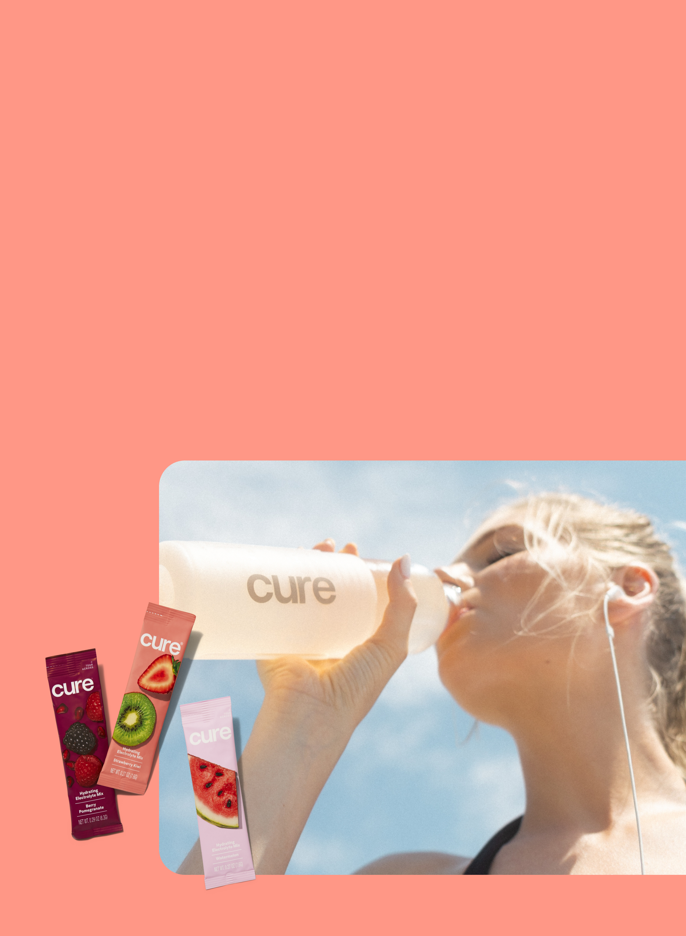 A person drinks from a reusable bottle labeled cure under a blue sky. Three Cure hydration mix packets in different flavors are displayed in the lower left corner against a peach-colored background.