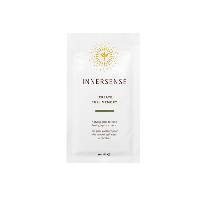 Single-use sample packet of Innersense Organic Beauty I Create Curl Memory styling gelee for curly hair, featuring text in English and French.
