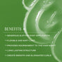 A smear of I Create Curl Memory - Sample styling gel over a green background, highlighting benefits for curly hair like generous slip, a flexible soft cast, nourishment to the hair shaft, long-lasting structure, and smooth elongated curls.