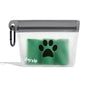 The (re)zip Take Me Too Pet Bag + Carabiner is a transparent, reusable zippered pouch with a black paw print and logo, green bags inside, and a carabiner—perfect as a leash accessory or dog treat bag for walks.