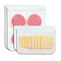 Two (re)zip reusable bags—one 2-gallon with hamburger patties and one half-gallon with cheese slices—are displayed on a white background, ideal for meal prep and keeping food fresh.