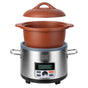 The VitaClay® Chef VITACLAY NourishingPot™ VM1688-9 is a stainless steel electric slow cooker with convenient handles and a digital control panel, featuring a natural brown clay pot inside and a matching hovering clay lid—ideal for use as a bone broth maker.