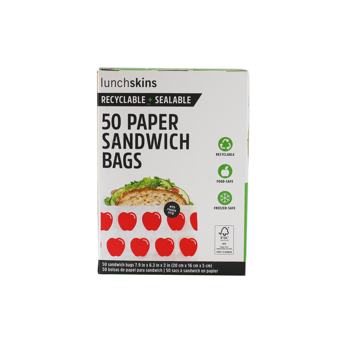 Explore Lunchskins Paper Sandwich Bags with a delightful red apple design. These eco-disposable, recyclable, and sealable snack bags are food and freezer safe. Each box contains 50 bags sized at 7 x 6.3 inches (17 x 16 cm), ideal for all your food storage needs.