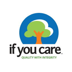 Logo with a stylized tree inside a blue circle above the words if you care in black text, and QUALITY WITH INTEGRITY in green text below.