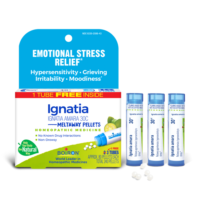 Box and three blue tubes of Boiron Ignatia Amara 30C Meltaway Pellets + Bonus Pack for emotional stress relief, featuring claims for moodiness, irritability, and no known drug interactions. This homeopathic medicine provides convenient meltaway pellets from Boiron for gentle support during times of emotional stress.