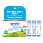 Box and three blue tubes of Boiron Ignatia Amara 30C Meltaway Pellets + Bonus Pack for emotional stress relief, featuring claims for moodiness, irritability, and no known drug interactions. This homeopathic medicine provides convenient meltaway pellets from Boiron for gentle support during times of emotional stress.