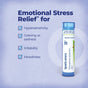 A tube of Boiron's "Ignatia Amara 30C Meltaway Pellets + Bonus Pack – Emotional Stress Relief" sits beside text highlighting relief for hypersensitivity, grieving or sadness, irritability, and moodiness. Blue and white checkmarks spotlight this convenient homeopathic medicine, offered as quick-dissolving meltaway pellets.