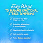 Blue gradient background with yellow and white text listing ways to manage emotional stress: say No, practice relaxation, maintain habits, set goals, and take Boiron Ignatia Amara 30C Meltaway Pellets + Bonus Pack for emotional stress relief. Check marks next to each tip.