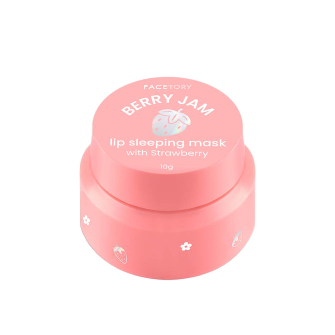 A small pink 10g container labeled FaceTory Berry Jam Lip Mask, with a strawberry illustration and white icons—ideal for use as an overnight lip mask.