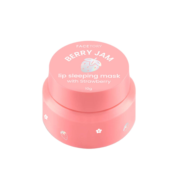 A small pink 10g container labeled FaceTory Berry Jam Lip Mask, with a strawberry illustration and white icons—ideal for use as an overnight lip mask.