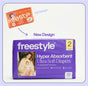 Freestyle's Tree Free Bamboo Diaper packaging: the old size 2 pack is orange with a baby’s face, while the new eco-friendly version is purple featuring a mother and baby.