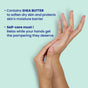 Two hands with smooth skin touch on a light blue background, with text highlighting FaceTory Soft Hands Moisturizing Hand Mask’s shea butter benefits for soft, deeply hydrated hands and encouraging self-care.