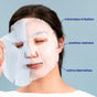 A person with closed eyes applies the FaceTory Calming Face Sheet Mask. Blue text highlights: minimizes irritation, soothes redness, calms blemishes—ideal for sensitive skin. Light blue background.
