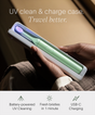 A hand holds the SURI 2.0 Sonic Toothbrush in green inside a sleek white SURI UV travel case with USB-C charging, offering battery-powered UV cleaning and fresh bristles in just 1 minute.