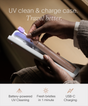 A person puts the SURI 2.0 Sonic Toothbrush with purple bristles into a white SURI UV Travel Case. Text highlights battery-powered UV cleaning, fresher bristles in 1 minute, and USB-C charging.
