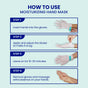 Instructional image shows four steps for using FaceTory’s Soft Hands Moisturizing Hand Mask: insert hands into gloves, adjust with sticker, leave on 10–20 minutes, then remove gloves and massage in extra essence for soft, hydrated hands.