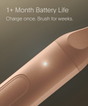Close-up of the SURI 2.0 Sonic Toothbrush handle with glowing indicator light. Text above: “1+ Month Battery Life. Charge once. Brush for weeks.” Includes UV Travel Case by SURI.