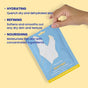 A hand holds a blue and yellow FaceTory Silky Feet Softening Foot Mask packet on a bright yellow background, with text highlighting deep hydration, texture refinement, and nourishment for dry skin using moisturizing ingredients.