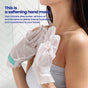 A woman in a white-tiled bathroom wears FaceTory's Soft Hands Moisturizing Hand Mask, which deeply hydrates and softens hands with shea butter, almond oil, and ferments. Blue text introduces the nourishing glove treatment.