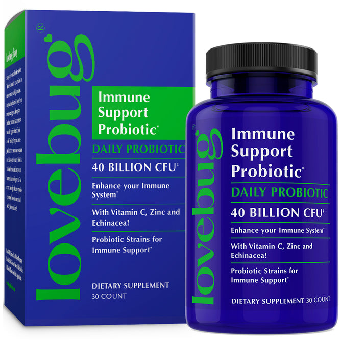 A blue bottle and box of Lovebug Immune Support Probiotic, offering 40 billion CFU plus vitamin C, zinc, and echinacea in 30 capsules for immune system support.