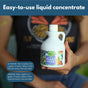 A person holds Good Dirt Plant Food - Indoor & Outdoor, a white bottle with a colorful label of fruits and veggies. Text above highlights its easy-to-use formula and instructions for healthy living soil in all plants.