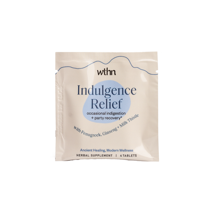 A WTHN Indulgence Relief Sachet - Sample for occasional indigestion, liver detox, and party recovery. Contains 4 tablets with Fenugreek, Ginseng & Milk Thistle—Chinese herbs that support alcohol metabolism.