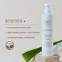A bottle of Innersense Organic Beauty Hydrating Cream Conditioner sits beside a green aloe leaf and a white flower. Text highlights: maximizes moisture, restores shine and softness, and strengthens hair with this natural conditioner.