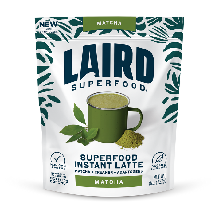 A bag of Laird Superfood Matcha Instant Latte, with a green matcha cup and leaves on the pack. Highlights include vegan, gluten-free, and non-GMO benefits plus superfood coconut creamer for a creamy taste.