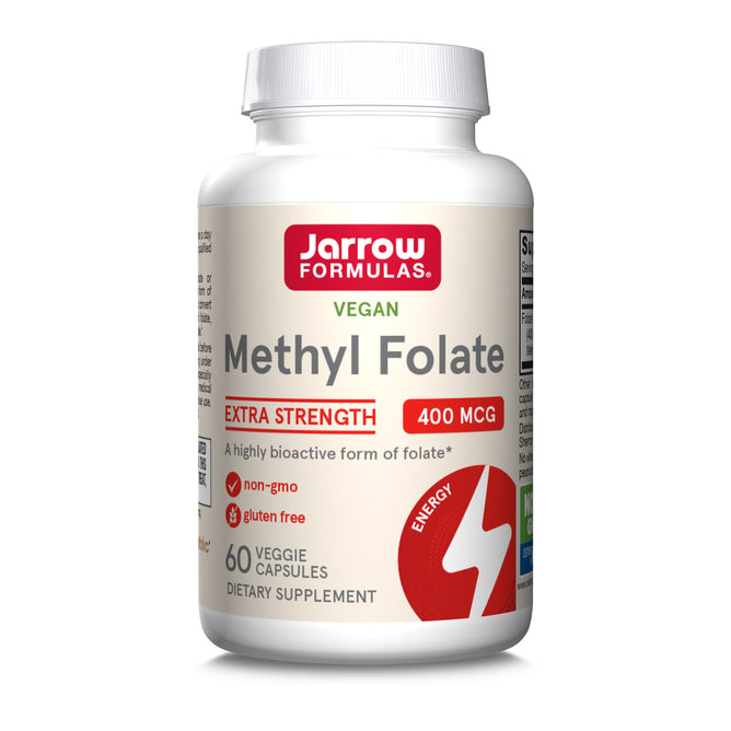 A white bottle of Jarrow Extra Strength Methyl Folate 400mcg Veggie Capsules, labeled non-GMO, gluten free, with 60 capsules for energy and 5-methyltetrahydrofolate dietary support.