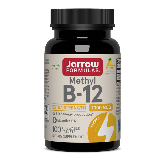 Jarrow Extra Strength Methyl B-12 1000mcg—Lemon provides 100 vegan, non-GMO chewable tablets for energy and brain health support.