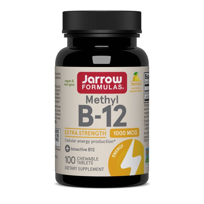 Jarrow Extra Strength Methyl B-12 1000mcg—Lemon provides 100 vegan, non-GMO chewable tablets for energy and brain health support.