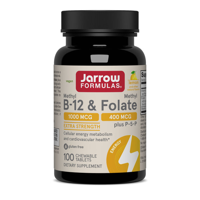 A black bottle of Jarrow Extra Strength Methyl B-12 1000mcg & Methyl Folate 400mcg + P-5-P chewable tablets (100 count), with a red label, gluten-free, vegan.
