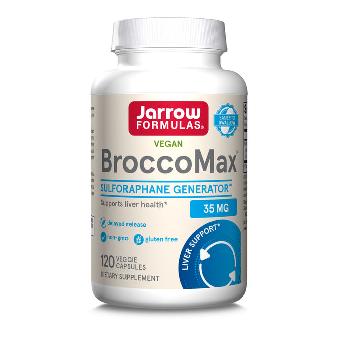 A white bottle of Jarrow BroccoMax with Sulforaphane Delayed Release Capsules features broccoli seed extract, 35 mg sulforaphane generator per serving, is vegan, non-GMO, gluten free, supports liver health, and contains 120 veggie capsules.