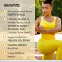 A young woman in yellow workout clothes stretches outdoors. Beside her, a list titled Benefits highlights that Jarrow BoneUp Capsules support bone health, feature StimuCal MCHA, aid skeletal nutrition, and are backed by hormone studies.