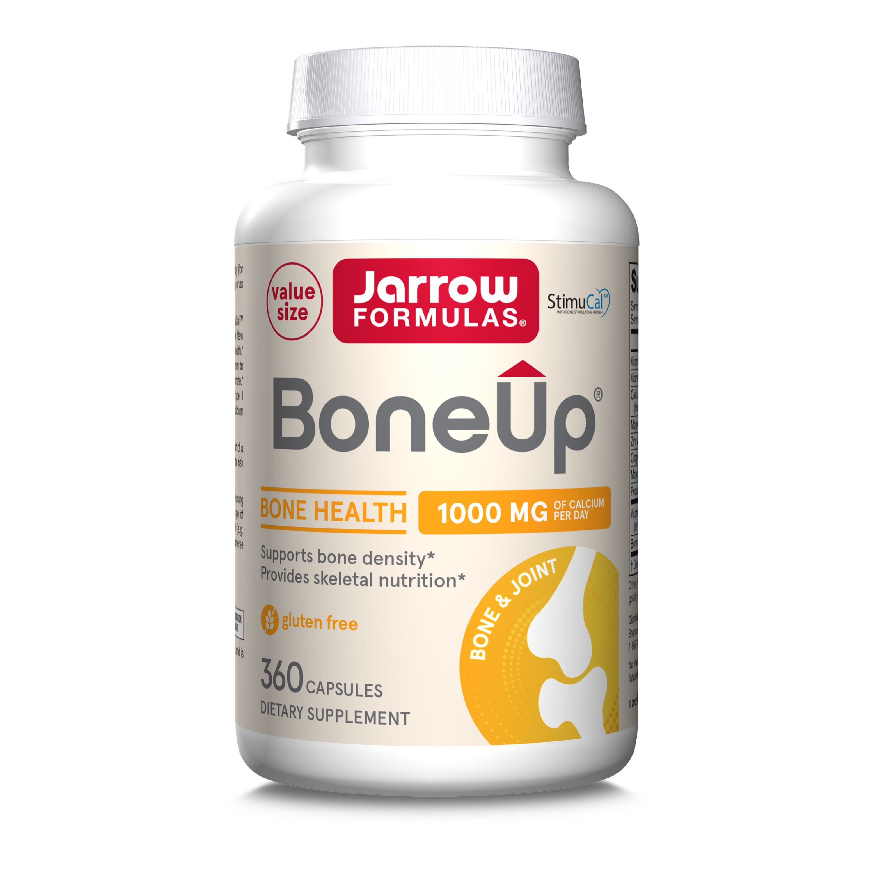 A white bottle of Jarrow BoneUp, Capsules, features orange and yellow accents, labeled for bone health with StimuCal MicroCrystalline HydroxyApatite; 1000 mg calcium per day, 360 gluten-free capsules.