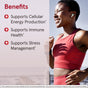 A smiling woman in athletic wear jogs outdoors while wearing earbuds. Next to her, text highlights Jarrow B-Right Optimized B-Complex Veggie Capsules benefits: supports cellular energy, immune health, and stress management. FDA disclaimer appears at the bottom.